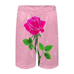 Детские спортивные шорты 3D с принтом Роза на розовом в Петрозаводске,  100% полиэстер
 | пояс оформлен широкой мягкой резинкой, ткань тянется
 | женственно | красота | роза | розовый | снежинки | фуксия | цветок | шик