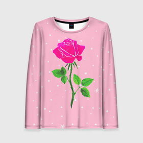 Женский лонгслив 3D с принтом Роза на розовом в Петрозаводске, 100% полиэстер | длинные рукава, круглый вырез горловины, полуприлегающий силуэт | женственно | красота | роза | розовый | снежинки | фуксия | цветок | шик