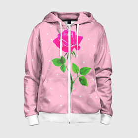 Детская толстовка 3D на молнии с принтом Роза на розовом в Петрозаводске, 100% полиэстер |  манжеты и пояс оформлены широкой мягкой резинкой, двухслойный капюшон со шнурком для регулировки, спереди карманы и застежка-молния
 | женственно | красота | роза | розовый | снежинки | фуксия | цветок | шик