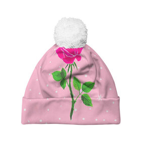 Шапка 3D c помпоном с принтом Роза на розовом в Петрозаводске, 100% полиэстер | универсальный размер, печать по всей поверхности изделия | женственно | красота | роза | розовый | снежинки | фуксия | цветок | шик