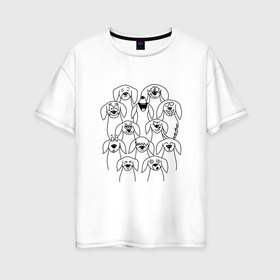 Женская футболка хлопок Oversize с принтом Дудл таксы в Петрозаводске, 100% хлопок | свободный крой, круглый ворот, спущенный рукав, длина до линии бедер
 | doodle | гипноглаза | дудл | сердце | смех | собака | собаки | такса | таксы | улыбка