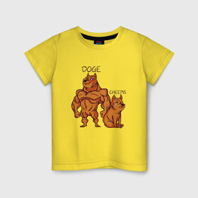 Детская футболка хлопок с принтом Качок Доге и маленький Чимс в Петрозаводске, 100% хлопок | круглый вырез горловины, полуприлегающий силуэт, длина до линии бедер | bodybuilder | cheems | chims | cool | cry | crying | doge | japan | japanese | little | meme | memes | power | powerful | shiba inu | small | крутой | мемас | мемчик | накаченный | песель | песик | плакса | плачет | порода | сиба ину | собак