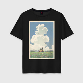 Женская футболка хлопок Oversize с принтом blue sky в Петрозаводске, 100% хлопок | свободный крой, круглый ворот, спущенный рукав, длина до линии бедер
 | весна | картинка | корея | лес | лето | машина | на каждый день | небо | облака | парень | поле | птицы | рисунок | токио | тоторо | фон | хаяо миядзаки | цветок | цветы | япония
