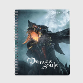 Тетрадь с принтом Demons Souls в Петрозаводске, 100% бумага | 48 листов, плотность листов — 60 г/м2, плотность картонной обложки — 250 г/м2. Листы скреплены сбоку удобной пружинной спиралью. Уголки страниц и обложки скругленные. Цвет линий — светло-серый
 | armor | dark souls | demons souls | dragon | fire | games | knight | namco bandai | nextgen | playstation 5 | praise the sun | ps5 | броня | восславь солнце | дарк соулс | демон соулс | дракон | игры | некстген | огонь | плейстейшен 5 | пс5 | рыцарь | тем