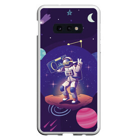 Чехол для Samsung S10E с принтом Space disco в Петрозаводске, Силикон | Область печати: задняя сторона чехла, без боковых панелей | Тематика изображения на принте: astronaut | gesture | planet | recorder | space | spacesuit | star | жест | звезда | космонавт | космос | магнитофон | очки | планета