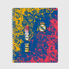 Тетрадь с принтом Real Madrid в Петрозаводске, 100% бумага | 48 листов, плотность листов — 60 г/м2, плотность картонной обложки — 250 г/м2. Листы скреплены сбоку удобной пружинной спиралью. Уголки страниц и обложки скругленные. Цвет линий — светло-серый
 | Тематика изображения на принте: football club | futbol club | real | real madrid | real madrid club | люблю футбол | реал | реал мадрид | сантьяго бернабеу | сливочные | фанат | фк реал мадрид | форма | форма игроков | футбол | футбольный клуб