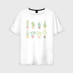 Женская футболка хлопок Oversize с принтом Кактусы в Петрозаводске, 100% хлопок | свободный крой, круглый ворот, спущенный рукав, длина до линии бедер
 | кактус | кактусы | растение | сердечка | цветочный горшок | цветущее растение