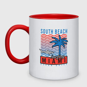 Кружка двухцветная с принтом Miami South Beach в Петрозаводске, керамика | объем — 330 мл, диаметр — 80 мм. Цветная ручка и кайма сверху, в некоторых цветах — вся внутренняя часть | Тематика изображения на принте: beach | miami | акула | майами | майями | маями | море | океан | отдых | пальма | пляж | юг