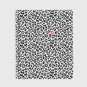 Тетрадь с принтом Kiss в Петрозаводске, 100% бумага | 48 листов, плотность листов — 60 г/м2, плотность картонной обложки — 250 г/м2. Листы скреплены сбоку удобной пружинной спиралью. Уголки страниц и обложки скругленные. Цвет линий — светло-серый
 | art | background | kiss | leopard | lips | spots | texture | арт | губы | леопард | поцелуй | пятна | текстура | фон