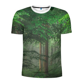 Мужская футболка 3D спортивная с принтом Тропический лес в Петрозаводске, 100% полиэстер с улучшенными характеристиками | приталенный силуэт, круглая горловина, широкие плечи, сужается к линии бедра | деревья | джунгли | зеленый лес | зелень | лес | тропики | тропический лес
