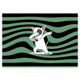 Поздравительная открытка с принтом Dab в Петрозаводске, 100% бумага | плотность бумаги 280 г/м2, матовая, на обратной стороне линовка и место для марки
 | Тематика изображения на принте: bull terrier | dab | dog | ears | muzzle | nose | paws | tail | бультерьер | лапы | нос | собака | уши | хвост