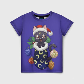 Детская футболка 3D с принтом Luna Happy New Year в Петрозаводске, 100% гипоаллергенный полиэфир | прямой крой, круглый вырез горловины, длина до линии бедер, чуть спущенное плечо, ткань немного тянется | Тематика изображения на принте: 2021 | cat | catmas | christmas | happy new year | merry christmas | new year | аниме | кот | котейка | котики | луна | манга | новый год | праздник | рождество | сейлормун