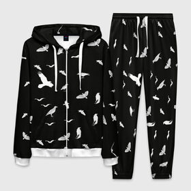 Мужской костюм 3D с принтом Птицы | Чёрно-белые в Петрозаводске, 100% полиэстер | Манжеты и пояс оформлены тканевой резинкой, двухслойный капюшон со шнурком для регулировки, карманы спереди | 