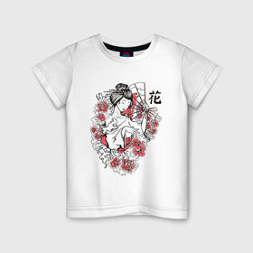Детская футболка хлопок с принтом Гейша в Петрозаводске, 100% хлопок | круглый вырез горловины, полуприлегающий силуэт, длина до линии бедер | Тематика изображения на принте: geisha | japan | веер | девушка | женщина | иероглиф | иероглифы | кимоно | рисунок | сакура | цветочки | цветы | япония | японка