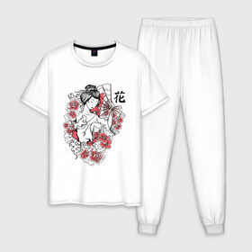 Мужская пижама хлопок с принтом Гейша в Петрозаводске, 100% хлопок | брюки и футболка прямого кроя, без карманов, на брюках мягкая резинка на поясе и по низу штанин
 | geisha | japan | веер | девушка | женщина | иероглиф | иероглифы | кимоно | рисунок | сакура | цветочки | цветы | япония | японка