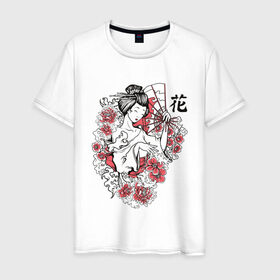 Мужская футболка хлопок с принтом Гейша в Петрозаводске, 100% хлопок | прямой крой, круглый вырез горловины, длина до линии бедер, слегка спущенное плечо. | Тематика изображения на принте: geisha | japan | веер | девушка | женщина | иероглиф | иероглифы | кимоно | рисунок | сакура | цветочки | цветы | япония | японка