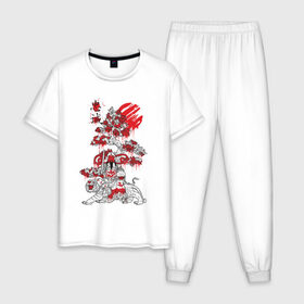 Мужская пижама хлопок с принтом Япония в Петрозаводске, 100% хлопок | брюки и футболка прямого кроя, без карманов, на брюках мягкая резинка на поясе и по низу штанин
 | japan | tiger | азия | буддизм | дерево | иероглиф | иероглифы | император | кимоно | краска | рисунок | сакура | самурай | солнце | терракота | тигр | хищник | япония | японский воин