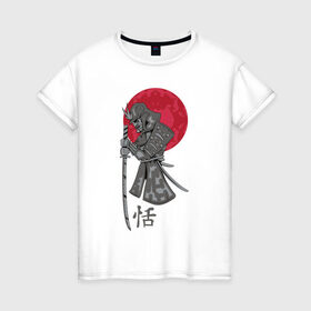 Женская футболка хлопок с принтом Самурай в Петрозаводске, 100% хлопок | прямой крой, круглый вырез горловины, длина до линии бедер, слегка спущенное плечо | japan | katana | moon | samurai | воин | воин самурай | доспехи | доспехи самурая | иероглиф | иероглифы | ироглиф | катана | луна | меч | нагабакама | рисунок | самурай | самурайское кимоно | солнце | хакама