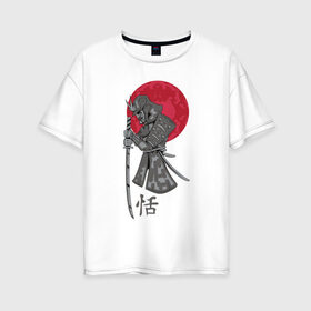 Женская футболка хлопок Oversize с принтом Самурай в Петрозаводске, 100% хлопок | свободный крой, круглый ворот, спущенный рукав, длина до линии бедер
 | japan | katana | moon | samurai | воин | воин самурай | доспехи | доспехи самурая | иероглиф | иероглифы | ироглиф | катана | луна | меч | нагабакама | рисунок | самурай | самурайское кимоно | солнце | хакама
