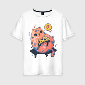 Женская футболка хлопок Oversize с принтом Cat Loves Pizza в Петрозаводске, 100% хлопок | свободный крой, круглый ворот, спущенный рукав, длина до линии бедер
 | art | cat | food | heart | pizza | арт | еда | кот | котик | кошка | пицца | сердечко