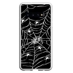 Чехол для Samsung Galaxy S10 с принтом Паутина с пауками в Петрозаводске, Силикон | Область печати: задняя сторона чехла, без боковых панелей | Тематика изображения на принте: black and white | darkness | halloween | horror | night | spider | web | готика | жуки | жуткий | мальчикам | насекомые | нечисть | нити | ночные | ночь | пауки | паутина | подарок | сетка | страшный | темный | тьма | хеллоуин | хоррор