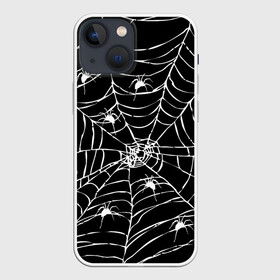 Чехол для iPhone 13 mini с принтом Паутина с пауками в Петрозаводске,  |  | black and white | darkness | halloween | horror | night | spider | web | готика | жуки | жуткий | мальчикам | насекомые | нечисть | нити | ночные | ночь | пауки | паутина | подарок | сетка | страшный | темный | тьма | хеллоуин | хоррор