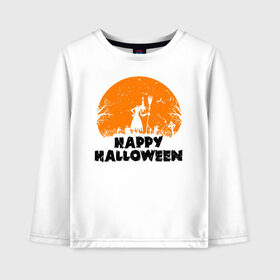 Детский лонгслив хлопок с принтом Happy Halloween в Петрозаводске, 100% хлопок | круглый вырез горловины, полуприлегающий силуэт, длина до линии бедер | 31 октября | halloween | halowen | ведьма | день всех святых | джек | костюм | кровь | лого | монстр | надпись | праздник | приведение | призрак | светильник | символ | страшная | тыква | ужасы | хеллоуин | хеллуин