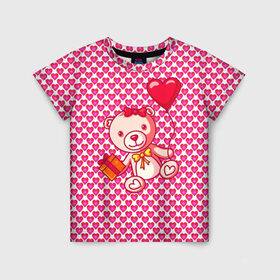 Детская футболка 3D с принтом Медвежонок сюрприз в Петрозаводске, 100% гипоаллергенный полиэфир | прямой крой, круглый вырез горловины, длина до линии бедер, чуть спущенное плечо, ткань немного тянется | baby | bear | love is | teddy | valentines | бабочка | бантик | валентина | влюбленный | воздушный шарик | девочка | игрушка | лучшая мама | любимая жена | люблю | любовь | малыш | марта | медведь | медвежата | милый
