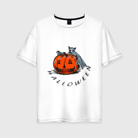 Женская футболка хлопок Oversize с принтом Bat and pumpkin-still life в Петрозаводске, 100% хлопок | свободный крой, круглый ворот, спущенный рукав, длина до линии бедер
 | helloween | день всех святых | летучая мышь | тыква | хеллуин