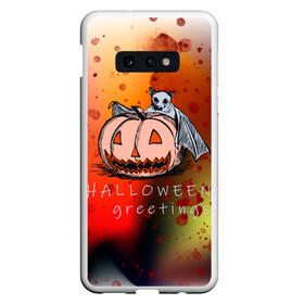 Чехол для Samsung S10E с принтом Bat and pumpkin в Петрозаводске, Силикон | Область печати: задняя сторона чехла, без боковых панелей | Тематика изображения на принте: halloween | hallowen | halowen | helloween | день всех святых | летучая мышь | тыква | халовен | халовин | хеллуин | хеловин