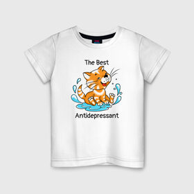 Детская футболка хлопок с принтом Antidepressant - кот Рыжик в Петрозаводске, 100% хлопок | круглый вырез горловины, полуприлегающий силуэт, длина до линии бедер | antidepressant | cat | антидепрессант | веселый кот | кот | рыжий кот