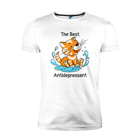 Мужская футболка хлопок Slim с принтом Antidepressant - кот Рыжик в Петрозаводске, 92% хлопок, 8% лайкра | приталенный силуэт, круглый вырез ворота, длина до линии бедра, короткий рукав | antidepressant | cat | антидепрессант | веселый кот | кот | рыжий кот