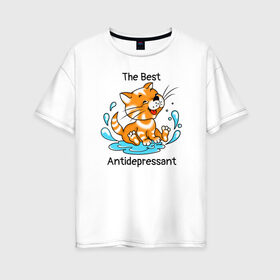 Женская футболка хлопок Oversize с принтом Antidepressant - кот Рыжик в Петрозаводске, 100% хлопок | свободный крой, круглый ворот, спущенный рукав, длина до линии бедер
 | Тематика изображения на принте: antidepressant | cat | антидепрессант | веселый кот | кот | рыжий кот