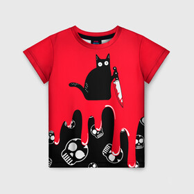 Детская футболка 3D с принтом WHAT CAT в Петрозаводске, 100% гипоаллергенный полиэфир | прямой крой, круглый вырез горловины, длина до линии бедер, чуть спущенное плечо, ткань немного тянется | art | black | black cat | cat | dark | dark cat | halloween | what | what cat | what mem | арт | кот | кот арт | кот мем | мем | нож | праздник | прикол | прикольный кот | убица | хэллоуин | чёрный | чёрный кот | что | что мем