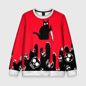 Детский свитшот 3D с принтом WHAT CAT в Петрозаводске, 100% полиэстер | свободная посадка, прямой крой, мягкая тканевая резинка на рукавах и понизу свитшота | art | black | black cat | cat | dark | dark cat | halloween | what | what cat | what mem | арт | кот | кот арт | кот мем | мем | нож | праздник | прикол | прикольный кот | убица | хэллоуин | чёрный | чёрный кот | что | что мем
