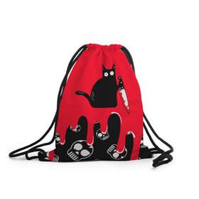 Рюкзак-мешок 3D с принтом WHAT CAT в Петрозаводске, 100% полиэстер | плотность ткани — 200 г/м2, размер — 35 х 45 см; лямки — толстые шнурки, застежка на шнуровке, без карманов и подкладки | Тематика изображения на принте: art | black | black cat | cat | dark | dark cat | halloween | what | what cat | what mem | арт | кот | кот арт | кот мем | мем | нож | праздник | прикол | прикольный кот | убица | хэллоуин | чёрный | чёрный кот | что | что мем