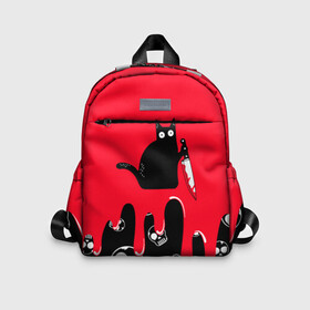 Детский рюкзак 3D с принтом WHAT CAT в Петрозаводске, 100% полиэстер | лямки с регулируемой длиной, сверху петелька, чтобы рюкзак можно было повесить на вешалку. Основное отделение закрывается на молнию, как и внешний карман. Внутри дополнительный карман. По бокам два дополнительных кармашка | Тематика изображения на принте: art | black | black cat | cat | dark | dark cat | halloween | what | what cat | what mem | арт | кот | кот арт | кот мем | мем | нож | праздник | прикол | прикольный кот | убица | хэллоуин | чёрный | чёрный кот | что | что мем