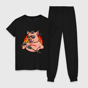 Женская пижама хлопок с принтом Я люблю гриль в Петрозаводске, 100% хлопок | брюки и футболка прямого кроя, без карманов, на брюках мягкая резинка на поясе и по низу штанин | art | drawing | fire | grill | pig | арт | гриль | огонь | рисунок | свин | свинка | свинья | хрюшка