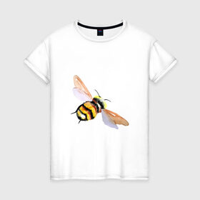Женская футболка хлопок с принтом Шмель полосатый в Петрозаводске, 100% хлопок | прямой крой, круглый вырез горловины, длина до линии бедер, слегка спущенное плечо | акварель | желтый | крылья | летать | насекомое | полоски | природа | черный | шмель
