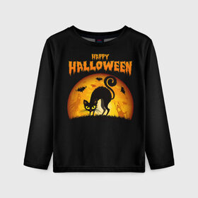 Детский лонгслив 3D с принтом Helloween в Петрозаводске, 100% полиэстер | длинные рукава, круглый вырез горловины, полуприлегающий силуэт
 | halloween | ведьма | летучая мышь | полнолуние | привидение | призрак | тыква | хеллоуин | хелуин | хэллоин | хэллоуин | хэлоуин | хэлуин | черный кот