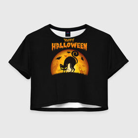 Женская футболка Crop-top 3D с принтом Helloween в Петрозаводске, 100% полиэстер | круглая горловина, длина футболки до линии талии, рукава с отворотами | halloween | ведьма | летучая мышь | полнолуние | привидение | призрак | тыква | хеллоуин | хелуин | хэллоин | хэллоуин | хэлоуин | хэлуин | черный кот