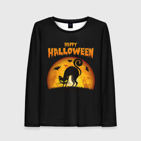 Женский лонгслив 3D с принтом Helloween в Петрозаводске, 100% полиэстер | длинные рукава, круглый вырез горловины, полуприлегающий силуэт | halloween | ведьма | летучая мышь | полнолуние | привидение | призрак | тыква | хеллоуин | хелуин | хэллоин | хэллоуин | хэлоуин | хэлуин | черный кот