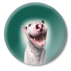 Значок с принтом Bully в Петрозаводске,  металл | круглая форма, металлическая застежка в виде булавки | bull terrier | ears | eyes | fangs | jaw | muzzle | nose | smile | бультерьер | глаза | клыки | нос | пасть | улыбка | уши