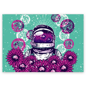 Поздравительная открытка с принтом Цветочный Астронавт в Петрозаводске, 100% бумага | плотность бумаги 280 г/м2, матовая, на обратной стороне линовка и место для марки
 | Тематика изображения на принте: astronaut | cosmonaut | daisy | floral | flowers | galaxy | helmet | peace | planet | planets | retro | space | spacesuit | suit | винтаж | галактика | космонавт | космос | мир | планета | планеты | ретро | ромашки | скафандр | цветок | цвет