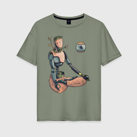 Женская футболка хлопок Oversize с принтом Robot Saa в Петрозаводске, 100% хлопок | свободный крой, круглый ворот, спущенный рукав, длина до линии бедер
 | альтернативное будущее | арт | иллюстрация | киберпанк | медитация | постапокалипсис | робот