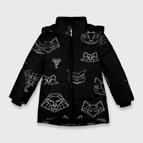 Зимняя куртка для девочек 3D с принтом Фигуры животных в Петрозаводске, ткань верха — 100% полиэстер; подклад — 100% полиэстер, утеплитель — 100% полиэстер. | длина ниже бедра, удлиненная спинка, воротник стойка и отстегивающийся капюшон. Есть боковые карманы с листочкой на кнопках, утяжки по низу изделия и внутренний карман на молнии. 

Предусмотрены светоотражающий принт на спинке, радужный светоотражающий элемент на пуллере молнии и на резинке для утяжки. | Тематика изображения на принте: балалайка | берлога | винни пух | волк | животное | зверь | клыки | коготь | косолапость | лапа | лес | лиса | малина | маша | машенька | медведица | мех | панда | птица | север | скандинавские | слон | сова