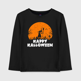 Детский лонгслив хлопок с принтом Happy Halloween в Петрозаводске, 100% хлопок | круглый вырез горловины, полуприлегающий силуэт, длина до линии бедер | 31 октября | halloween | halowen | ведьма | день всех святых | джек | костюм | кровь | лого | монстр | надпись | праздник | приведение | призрак | светильник | символ | страшная | тыква | ужасы | хеллоуин | хеллуин