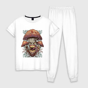 Женская пижама хлопок с принтом mushroom of horrors в Петрозаводске, 100% хлопок | брюки и футболка прямого кроя, без карманов, на брюках мягкая резинка на поясе и по низу штанин | 