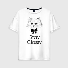 Женская футболка хлопок Oversize с принтом Классика в Петрозаводске, 100% хлопок | свободный крой, круглый ворот, спущенный рукав, длина до линии бедер
 | бантик | белый | классика | кот | кошка | красота | милый | цитата | чёрный