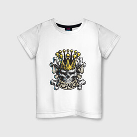 Детская футболка хлопок с принтом Король в Петрозаводске, 100% хлопок | круглый вырез горловины, полуприлегающий силуэт, длина до линии бедер | арт | белый | вектор | жёлтый | золотой | зубы | король | корона | кости | пират | рисунок | череп | чёрный